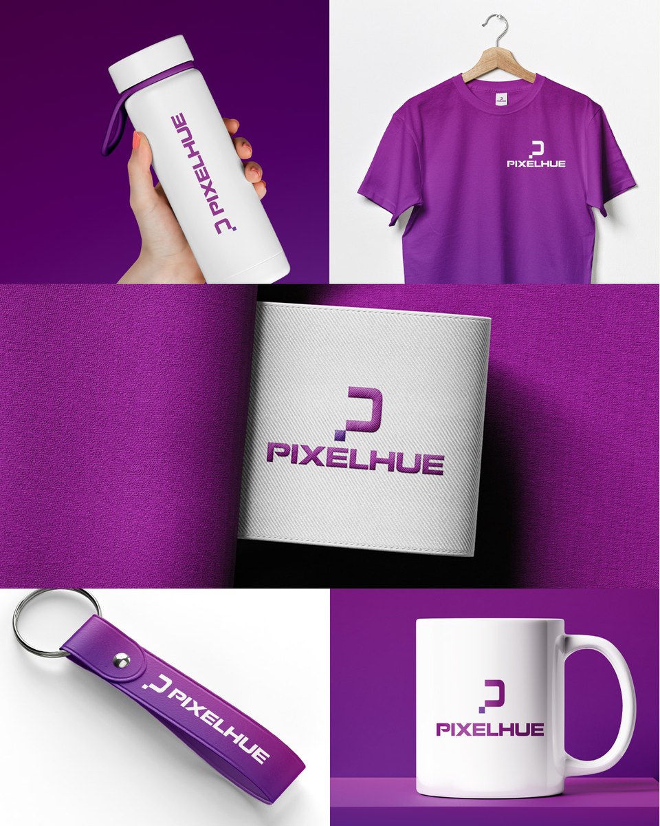 Pixelhue brand identity and merchandise mockups